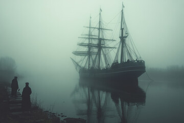 Tall ship emerging from fog.