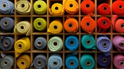 Fototapeta premium Top-Down View of Neatly Rolled Rainbow-Colored Fabrics