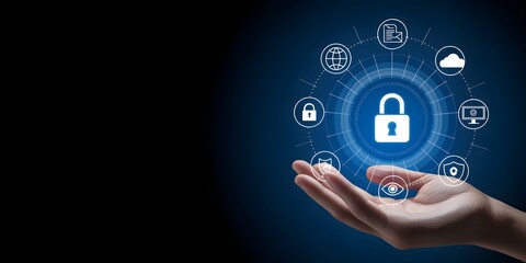 Cybersecurity in the Digital Era: An illuminated padlock icon symbolizes digital security, held within an open palm.