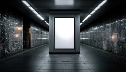 Blank billboard in a dark underground subway tunnel