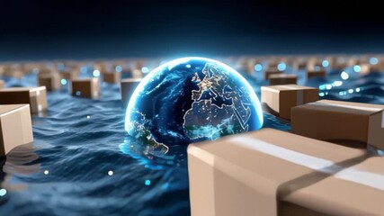 A digital world globe surrounded by floating cardboard boxes on water, symbolizing global shipping or e-commerce. - Powered by Adobe