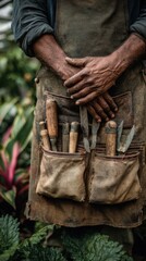 Close-up of a gardener in a weathered apron with pockets full of vintage hand tools standing in a lush garden environment perfect for organic farming, lifestyle blogs and rural work visuals