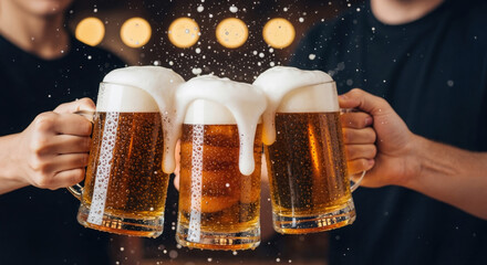 Three male figures celebrate cheering clinking lager beer in classic mugs, rich frothy foam splashing overflowing, pub bar.. Oktoberfest, St. Patrick's Day, National Beer Day event, festive parties,