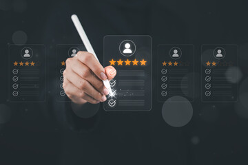Businesswoman selecting top-rated candidate with digital interface, HR technology concept showing employee evaluation, recruitment and performance management in modern workplace. HR, HRM concept