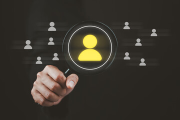 Human resource search and recruitment concept with woman using magnifying glass highlighting candidate icon. Ideal for hiring, headhunting, talent acquisition, and employee selection visuals.