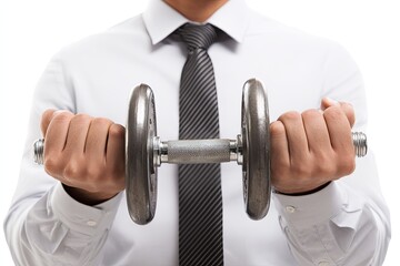 Close-up of a man in a dress shirt and tie holding a dumbbell