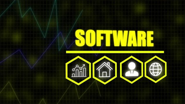 Software business concept on a flashing computer monitor with moving graphs and data. Business profit income and capital charts and graphs diagram, Statistic and data technology, seamless looping 4k.