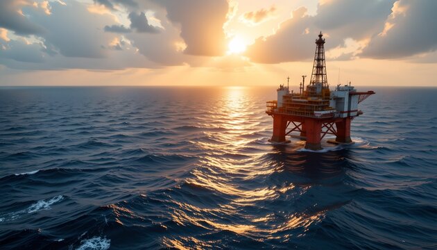 Imposing offshore oil rig at sunset over calm ocean aerial view industrial landscape energy sector