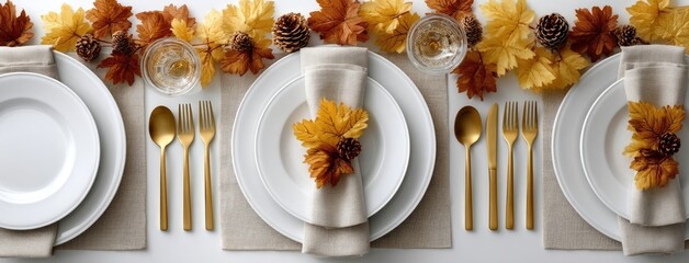 Elegant autumn-themed dining setup with decorative leaves and pinecones arranged for a festive meal
