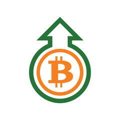 Bitcoin cryptocurrency growth symbol with upward arrow and circular design on white background