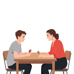 Obraz premium Mother and her son enjoy a friendly game of cards at the table, sharing a moment of bonding. Flat vector illustration isolated on white background