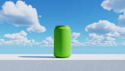 Green aluminum can mockup on a white wall against a blue sky with clouds in summer day