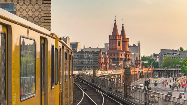 Berlin Germany time lapse city skyline at Oberbaum Bridge and Berlin Metro