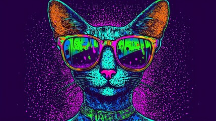 Edgy graffiti digital illustration of a cat wearing mirrored glasses, splattered paint textures, vibrant urban vibe with layered bold outlines and textured background