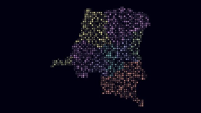 Democratic Republic of the Congo map animation. Shape of the country with pulsating colored dots. Small size circle blocks. Digital style Democratic Republic of the Congo map on dark background.