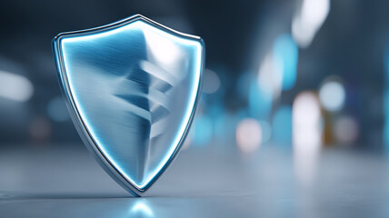 A blue shield with a glowing light symbolizing digital security protection
