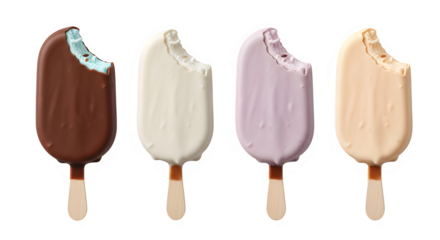 Four ice cream bars with bites taken out on white background  isolate blue coral purple lavender color