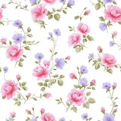 Fototapeta premium Beautiful floral pattern featuring pink and purple flowers on a white background.