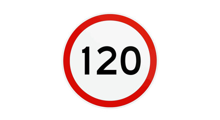 A 120 kph maximum speed limit sign, featuring the AIzaSyA4MiyLO_iMNz9cmtUvUYng6zwvjaqQWt8 design, isolated on white for road safety concepts.