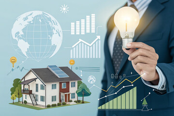 Businessman holding a glowing light bulb with a house and financial graphs