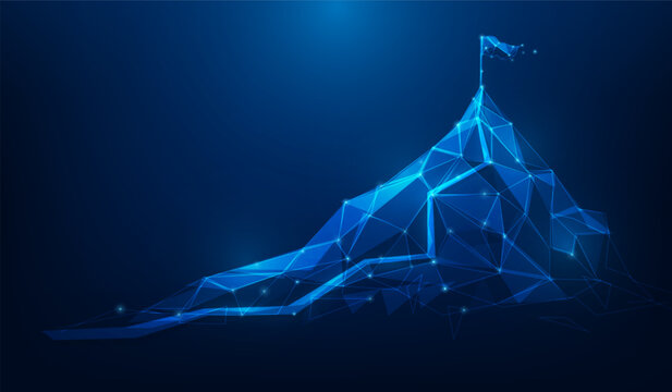 path to goal mountain mission complete strategy low poly wireframe background. way to achievement success. vector illustration fantastic technology.