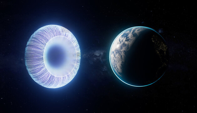 3D light eye floating next to planet Earth