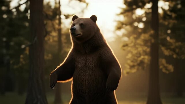 Brown bear dancing gracefully in forest at golden hour