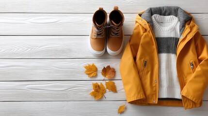 Warm autumn outfit with yellow jacket, cozy sweater, and stylish boots, perfect for enjoying the fall season outdoors