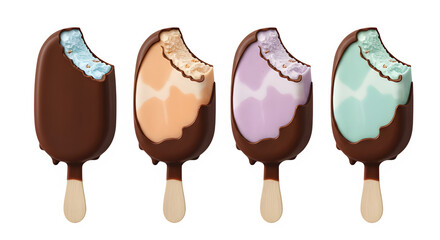 Assorted ice cream bars with bites taken from chocolate coating  isolate blue coral purple lavender color
