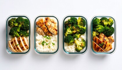 Top view of healthy meal prep containers with grilled chicken, rice, and broccoli arranged in a row.