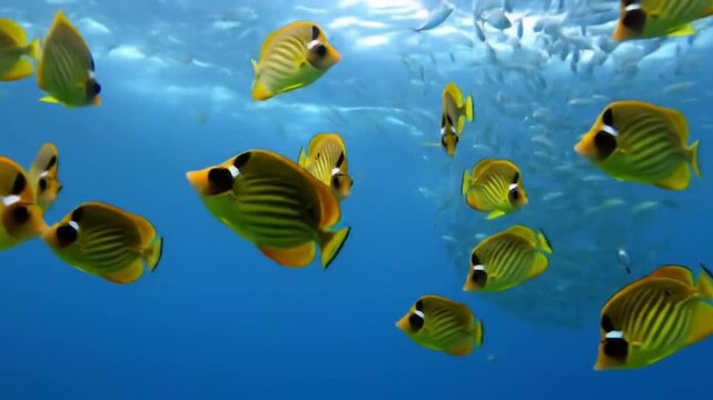 School of yellow butterflyfish in deep blue ocean. Dynamic underwater marine life formation. Sunlit ocean serenity.