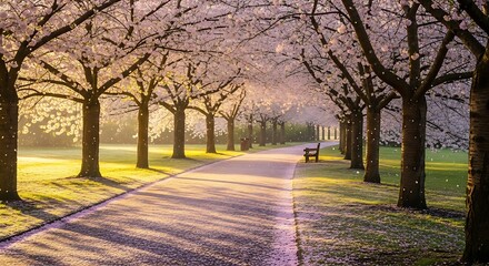 Naklejka premium Blooming Cherry Blossom Trees Lining Park Pathway at Sunrise