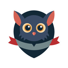 Flat design bat emblem with large eyes and red ribbon animal wildlife