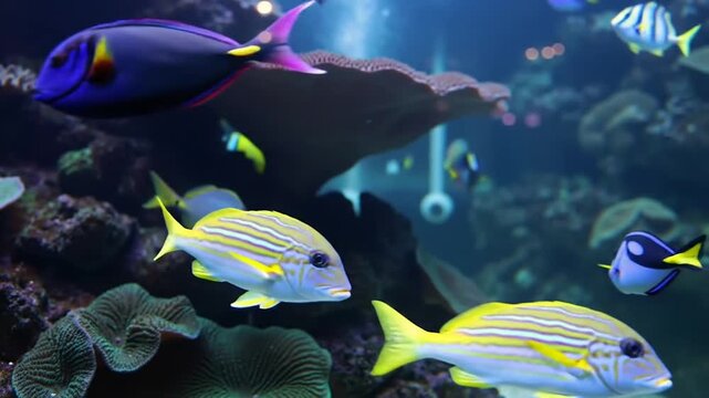 School of silvery fish swimming in sunlit ocean. Dynamic underwater marine life movement. Oceanic wildlife in natural light.