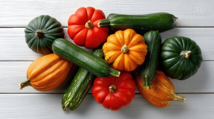 Colorful fall pumpkin decoration with white, orange, and gray pumpkins paired with greenery and floral accents on a neutral background