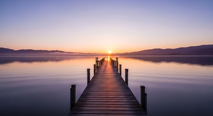 Fototapeta premium Serene Lake Sunrise with Wooden Pier and Reflections