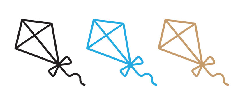 Colorful Kite Icon Set. Black, Blue, and Brown Variants with Tail Bows for Creative Design.