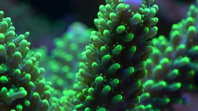 coral, green, glowing, neon, macro, underwater, marine, life, vibrant, tentacles, hair-like, swaying, textures, form, lighting, dramatic, highlights, deep, blue, hazy, shallow, depth, field, blurred, 