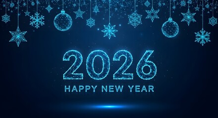 Happy new year 2026 futuristic digital background with snowflakes and christmas ornaments design