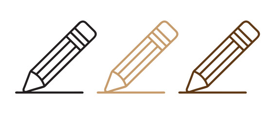 Three Colored Pencil Icons Drawing Lines. Black, Light Brown, and Dark Brown Variants for Creative Design.