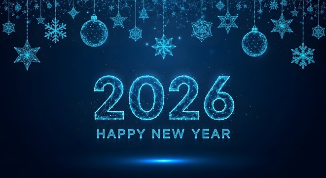 Happy new year 2026 futuristic digital background with snowflakes and christmas ornaments design