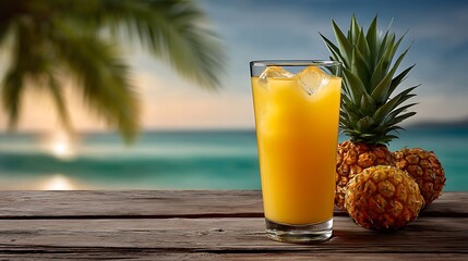 Refreshing pineapple juice on a tropical beach at sunset