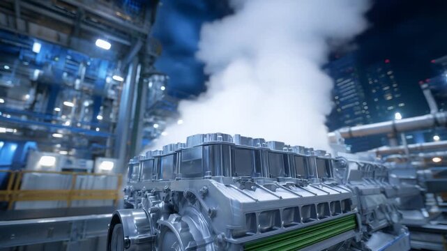 Explore the future of clean energy with green hydrogen fuel cell stacks driving heavy industrial machinery in an advanced manufacturing plant.