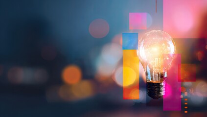 Glowing light bulb, vibrant colors, abstract shapes, creative concept