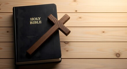 Holy bible book with wooden cross on wood background christian religion faith and spirituality