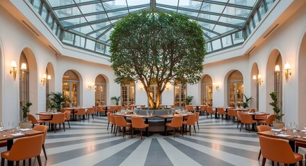 A luxurious restaurant courtyard with a large central tree under a glass atrium, featuring a striped floor and modern decor.