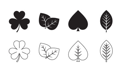 Black and white leaf and clover silhouettes for nature and decorative design elements