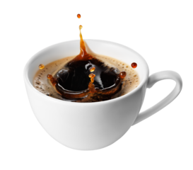 Coffee splash inside ceramic espresso cup isolated on white background