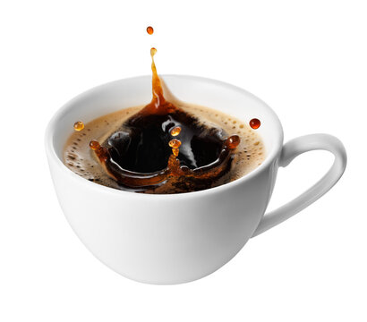 Coffee splash inside ceramic espresso cup isolated on white background