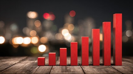 A bold red bar graph rises on a wooden surface with a blurred cityscape in the background, symbolizing business growth and urban progress.
